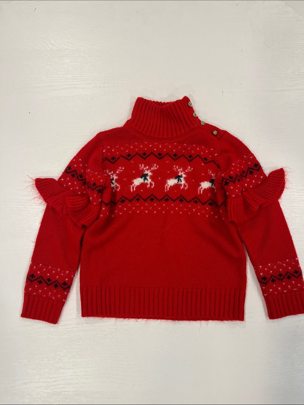 Kid’s Janie and Jack Red Reindeer Turtleneck Sweater with Ruffle Sleeves